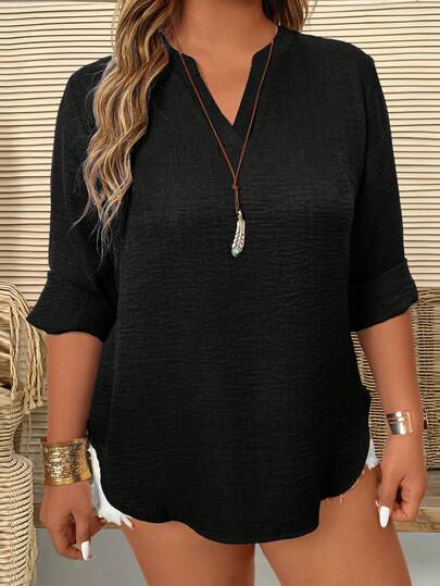 SHEIN LUNE Plus Size Casual Solid Color Notched Neck Shirt Fall Cloth For Women