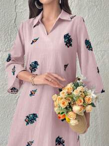 Al Najma Elegant Floral Embroidery Long Maxi Caftan Dress For Vacation