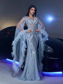 Glamrae Váy đuôi cá dài tay voan mỏng cổ chữ V màu xanh sang trọng thanh lịch, váy dự tiệc cưới, váy dự tiệc, váy dạ hội thích hợp cho đám cưới, tiệc tùng, kỳ nghỉ, dạ hội, sự kiện trang trọng, váy - Màu xanh lam - Xem 4