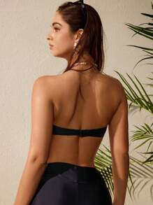 SHEIN Swim 女士纯色蝴蝶结装饰性感抹胸比基尼上衣，夏季海滩度假泳装 - 黑色 - 查看 2