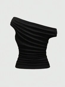 ROMWE Camiseta ajustado fucsia de talla grande con cuello asimétrico, parche de calavera de leopardo y strass, estilo Y2K sexy