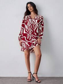 Chiquease Women's Oversized Lace-Up Casual Dress, French Retro Printed Long Sleeve Slimming Dress, Autumn New Fashion, Red Color Fall Cloth For Women