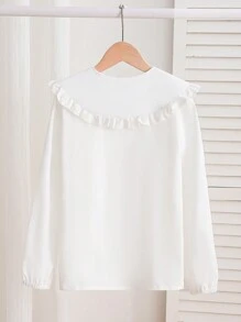 SHEIN Tween Girl Ruffled Collar White Long Sleeve Blouse - White - View 8