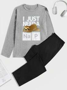 RueChic 棉质男士字母印花常规长袖 T 恤家居服套装 - 灰色 - 查看 2