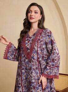 Al Najma Women's Color Block Bell Sleeve V-Neck Dress With Lace Trim, Suitable For Autumn/Winter, Boho Modest Maxi Jalabiya Arabian Dresses, For Casual Daily - Purple - View 5