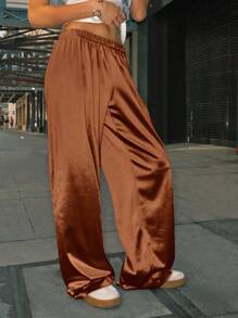 Easelle Pantalon droit ample à taille élastique en satin marron pour femmes - Tabac - Voir 7