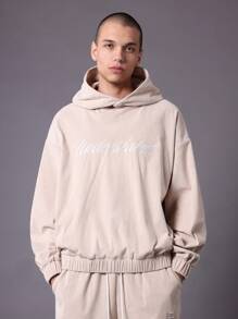 SUMWON Conjunto de 2 piezas de sudadera con capucha y pantalón de chándal oversize de pana con patrón bordado - Albaricoque - Ver 3