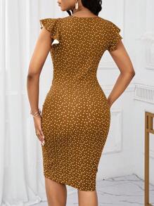 SHEIN Lady 派对礼服 办公室礼服 女士红色太阳心形印花褶饰荷叶边连衣裙