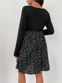 SHEIN Maternity Nursing Dress With Heart Print Patchwork, Wrapped Ruched Waist, Elegant - Black - View 2