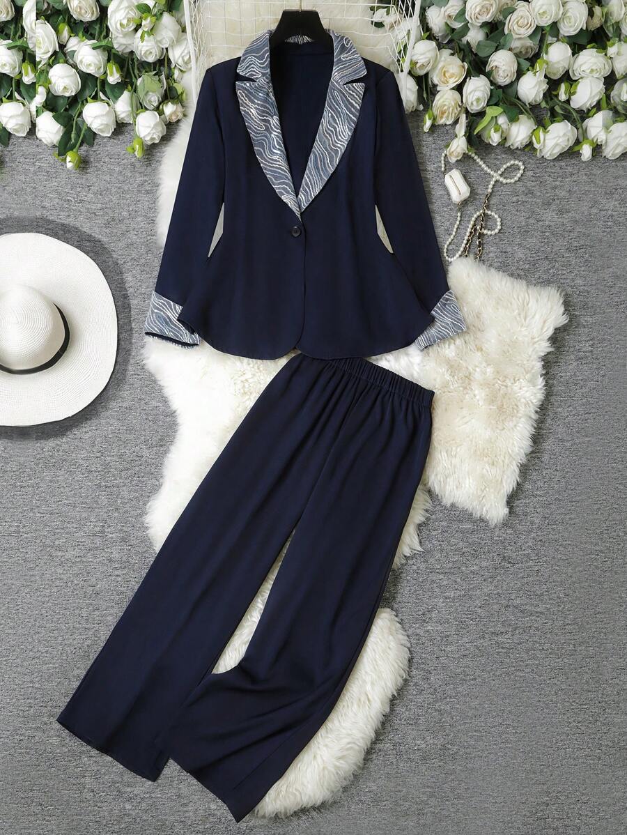 Lacomfia Plus Size Women Business Casual 2pcs Set: Colorblock Blazer Jacket And High Waisted Straight Pants - Navy Blue - View 1