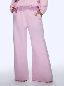 MISSGUIDED Miss Jeans Embroidered Logo Palazzo Sweatpants Oversized Wide Leg Lounge Pants Elastic Waist Athleisure Winter Jogger Workout Bottoms - Pink - View 2