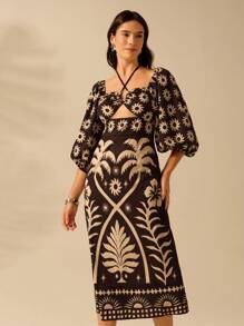 CAJUNI Đầm xanh dài vừa tay bồng, họa tiết Boho cho nữ, hoa nhiệt đới, mặt trời, họa tiết cây dừa, dây buộc rỗng, thường ngày mùa hè, váy đi biển - màu đen - Xem 6