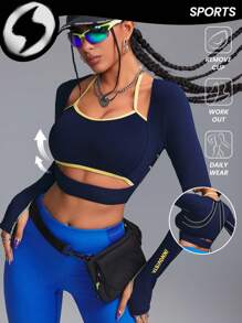 Innovista 女士3D立体曲线拼接镂空网眼运动T恤上衣，蓝色撞色设计，性感长袖，适合女孩运动、健身、锻炼、瑜伽、日常休闲、跑步等场合，秋季女装，健身服，跑步运动秋季女装，清爽浅蓝色 - 藏蓝色 - 查看 4
