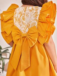 SHEIN Woven Solid Color Lace Ruffle Hem Bodycon Dress For Young Girls - Yellow - View 5