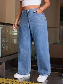 SHEIN ICON Plus Size Front Button Pocket Simple Denim Jeans, Casual Daily - Dark Wash - View 5