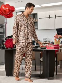 Men's Leopard Print Faux Silk Pajama Set With Collar And Button - Camel - View 5