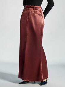 SHEIN Privé Elegant Vintage Style Satin Floor-Length Mermaid Skirt, Sophisticated Minimalist Fashion, Spring/Valentine's Day - Red Violet - View 5