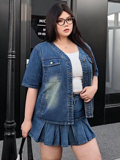 SHEIN EZwear 大码牛仔夹克，休闲时尚，适合日常穿着