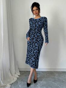 Chiquease Autumn & Winter New Leopard Print Vintage Bodycon Sweater Dress For Women - Royal Blue - View 5