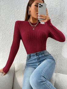 SHEIN PETITE Solid Ribbed Knit Tee Spring Women Bodysuit - Burgundy - View 3