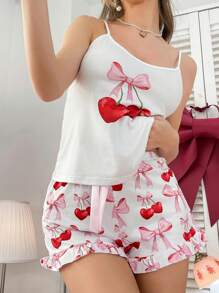 Cherry Bow Decoration Camisole And Shorts Ladies Pajama Set - Multicolor - View 3