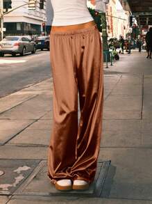 Easelle Pantalon droit ample à taille élastique en satin marron pour femmes - Tabac - Voir 1