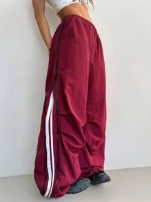 SHEIN EZwear Pantalón de chándal de pierna ancha, de talle medio, con cremallera, textura de decoración y pierna ancha, para mujer, de otoño/invierno - Burdeos - Ver 4