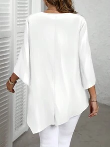 EMERY ROSE Casual Minimalist All-Over Vintage Abstract Face Print Plus Size Shirt, Suitable For Autumn/Winter Chic Blouses For Women - White - View 2