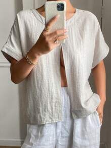 DAZY Women's Casual Linen Blouse With Open Back And Short Sleeves - Grey - View 3