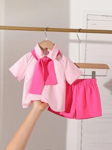 SHEIN Playful Pals 女婴两件套服装，粉色条纹衬衫 + 同款下装，时尚休闲风格，夏季 - 粉色 - 查看 1