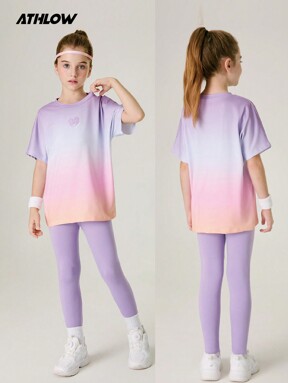 SHEIN Tween-Mädchen 2-teiliges Set T-Shirt + Leggings Yoga-Sport-Trainingshose, dehnbares, buntes Campus-Straßensport-Outfit