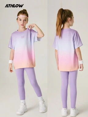SHEIN Tween-Mädchen 2-teiliges Set T-Shirt + Leggings Yoga-Sport-Trainingshose, dehnbares, buntes Campus-Straßensport-Outfit