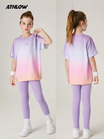 SHEIN Tween-Mädchen 2-teiliges Set T-Shirt + Leggings Yoga-Sport-Trainingshose, dehnbares, buntes Campus-Straßensport-Outfit