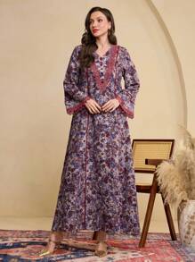 Al Najma Women's Color Block Bell Sleeve V-Neck Dress With Lace Trim, Suitable For Autumn/Winter, Boho Modest Maxi Jalabiya Arabian Dresses, For Casual Daily - Purple - View 4