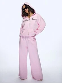 MISSGUIDED Miss Jeans Embroidered Logo Palazzo Sweatpants Oversized Wide Leg Lounge Pants Elastic Waist Athleisure Winter Jogger Workout Bottoms - Pink - View 6