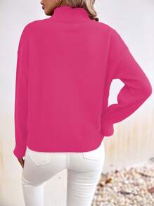 SHEIN LUNE Casual Fuchsia Sequin Bow Decor Stand Collar Sweater, Autumn/Winter Knit Pullover Fall - Hot Pink - View 2