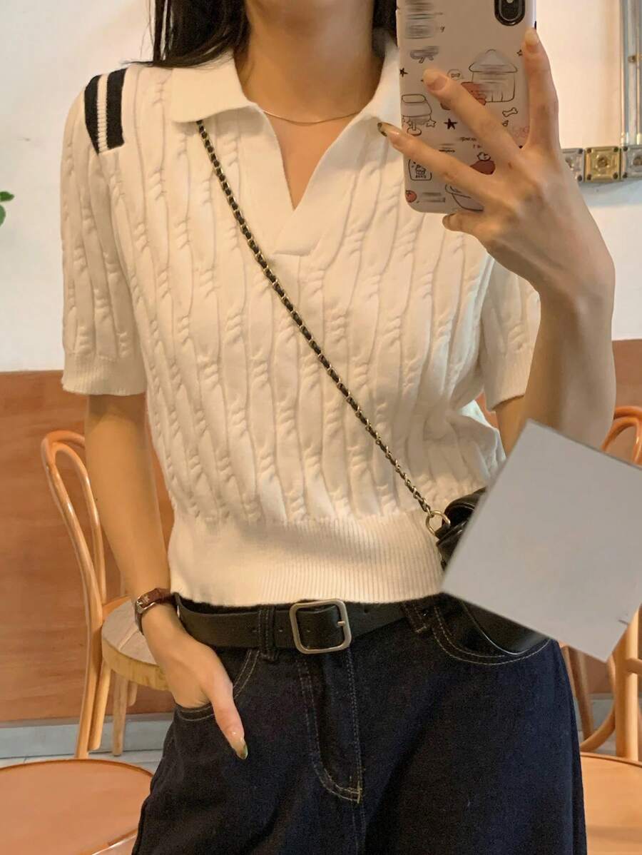 Women Polo Collar Colorblock Striped Decorative Short Sleeve Sweater - White - View 1