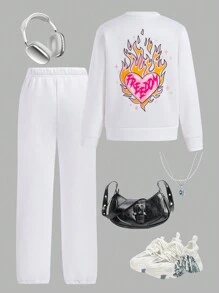 Conjunto de 2 piezas para niña preadolescente con sudadera de cuello redondo blanca con estampado de corazón en llamas y diseño cultural en Y, y pantalones, diseño elegante para la escuela, viajes, otoño/invierno