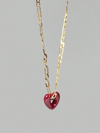 Ontre 18K 镀金红色珐琅心形吊坠项链