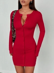 Flirla 女式纯色罗纹纽扣设计紧身迷你连衣裙