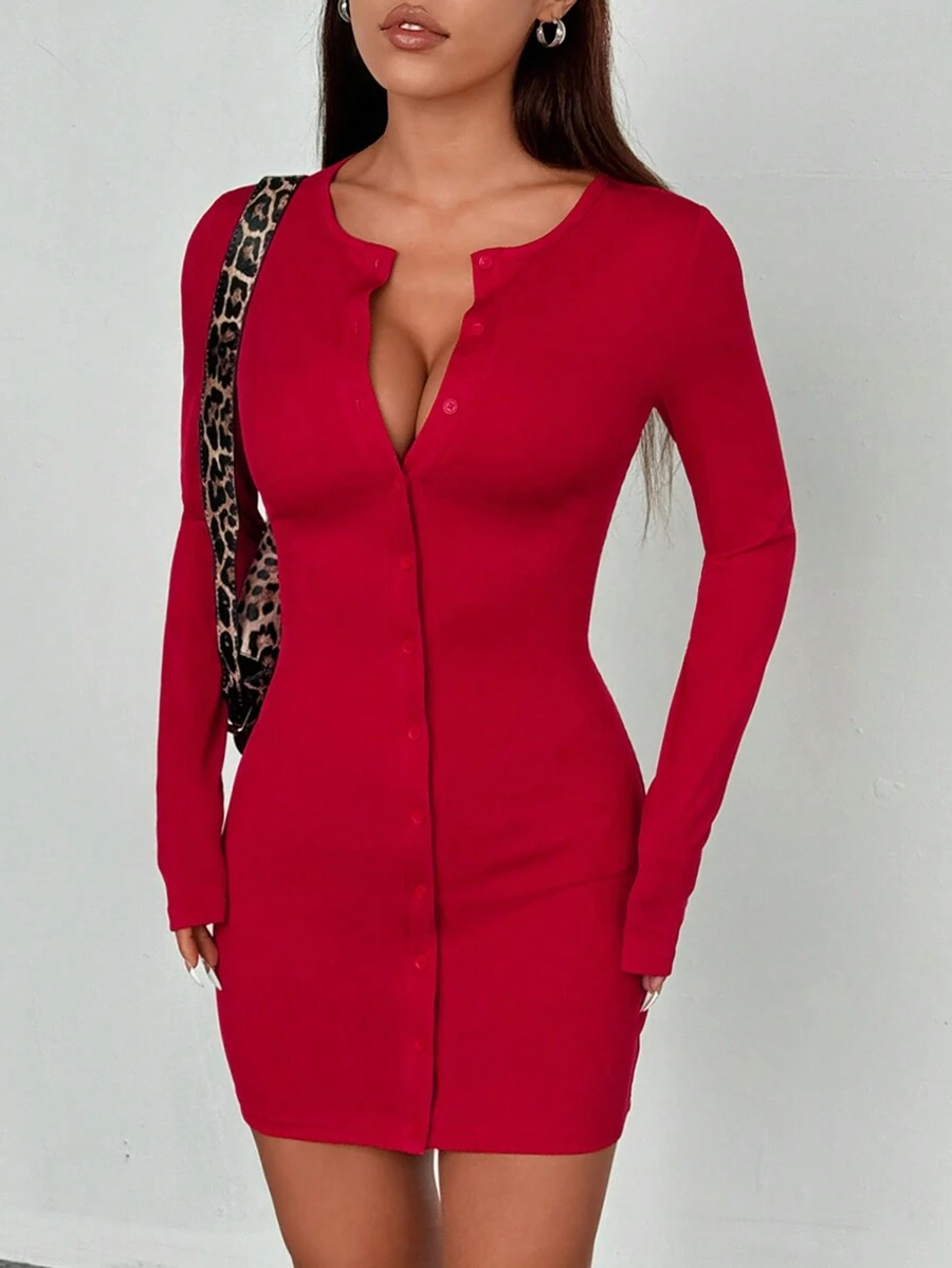 Flirla 女式纯色罗纹纽扣设计紧身迷你连衣裙