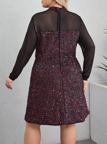 SHEIN Clasi Plus Size Women Sequins Patchwork Stand Collar Mesh Long Sleeve Elegant Dress - Hot Pink - View 2