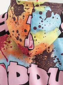 Conjunto de 2 piezas de niña preadolescente con sudadera con capucha y pantalones con estampado gráfico de letras en efecto tie-dye, que muestra un estilo de ropa de calle de moda, adecuado para la escuela, salidas y las temporadas de otoño/invierno