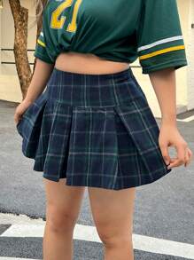 Muchica 大码学院风绿色格子百褶迷你裙，校园风格