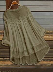 SHEIN Plus Size Women Autumn Cutout V-Neck Plant Applique Flared Sleeve Elegant Blouse