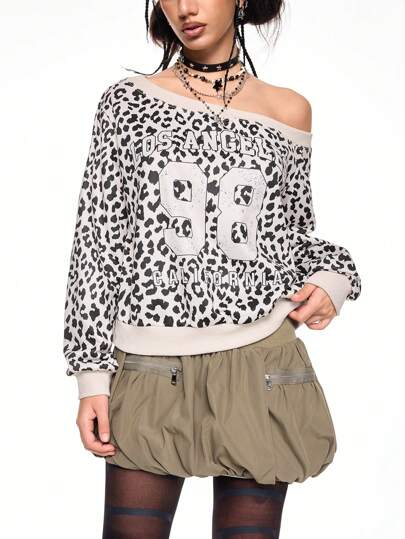 ROMWE Avant Sweatshirt col asymétrique imprimé léopard Y2K