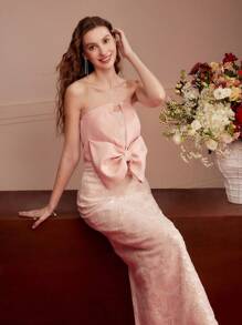 MOTF PREMIUM 植物刺绣蝴蝶结装饰连衣裙，情人节装 - 珊瑚粉 - 查看 7