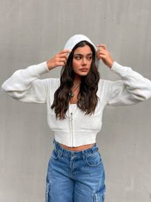 EURMUSE Cardigan Round Neck Hoodie And Zipper Detail - Beige - View 2