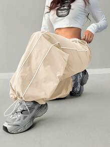 Coolane Women's Streetwear Basic Banded Texture Decoration Straight Pants - Apricot - View 2