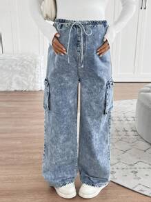 SHEIN Adjustable Elastic Waist Drawstring Blue Denim Loose Maternity Pants - Blue - View 3